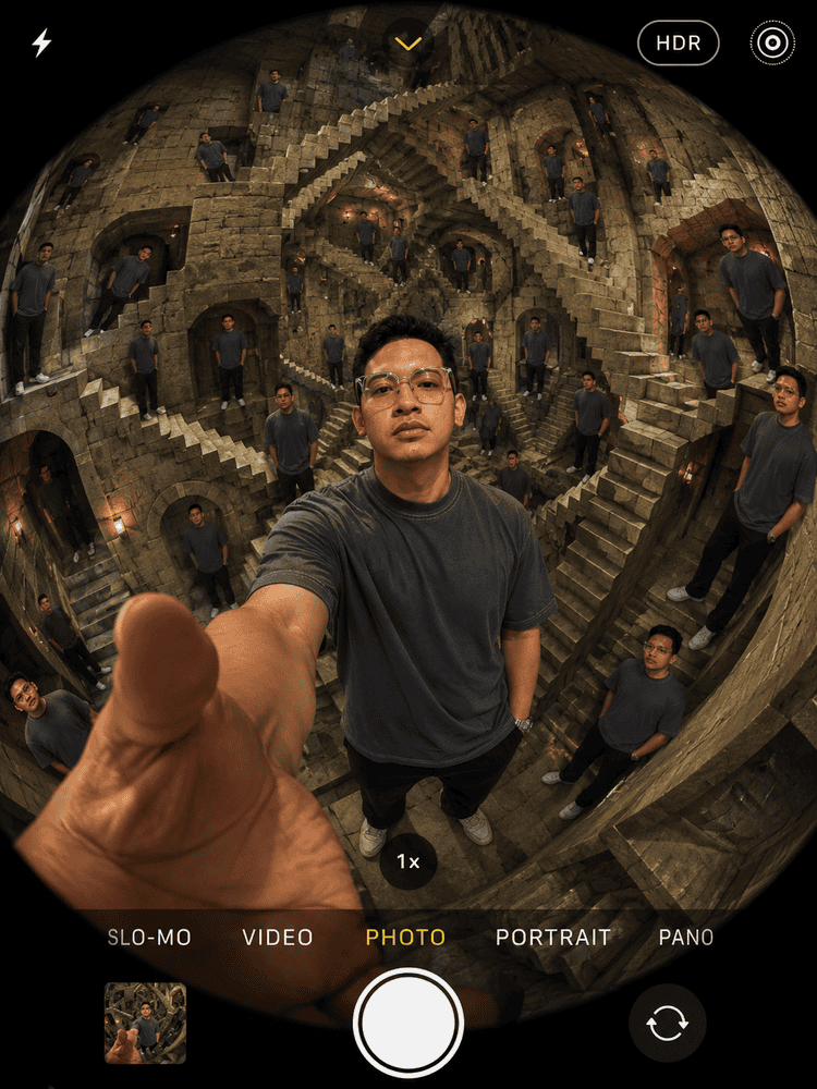 Prompt Selfie Fisheye Labirin Escher AI